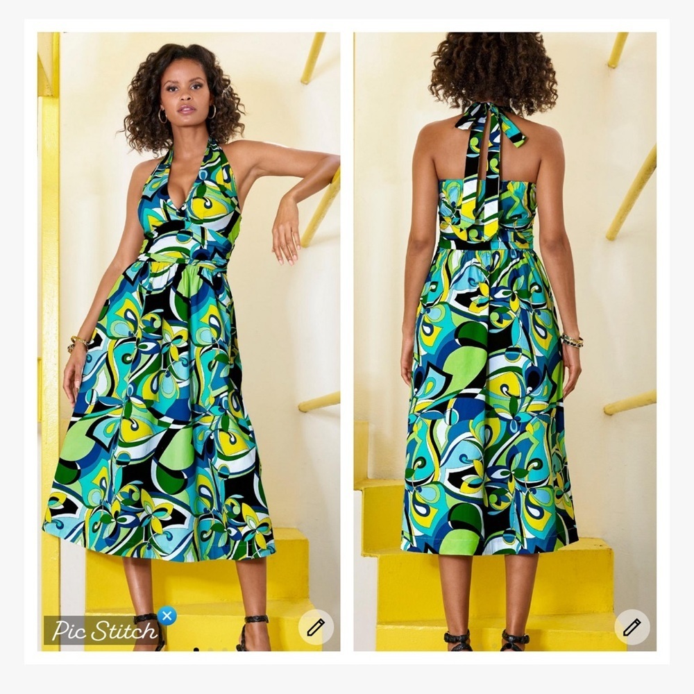 Boston Proper Valencia Abstract Print Halter Fit and Flare Midi Dress